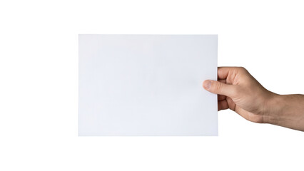 Obraz premium Hand holding blank white paper sheet isolated on white background