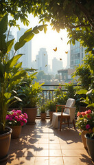 Obraz premium Sunlit Urban Terrace Garden with Lush Plants, Flowers and Morning Light.