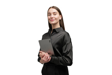 Obraz premium Woman holds tablet while standing with a smile