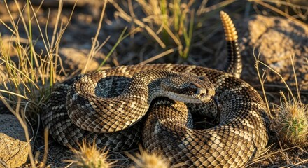 Diamondback rattlesnake coiled amid grassland vegetation basking in arid sunlight