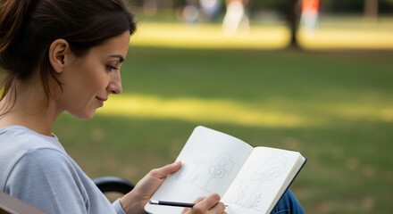 Unposed leisure scene captures woman writing in her journal outdoors. This unposed leisure scene showcases journaling, an everyday moment of reflection in park environment,