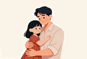 Obraz premium Illustration of a father embracing his daughter. They are rendered with soft colors and minimalist style