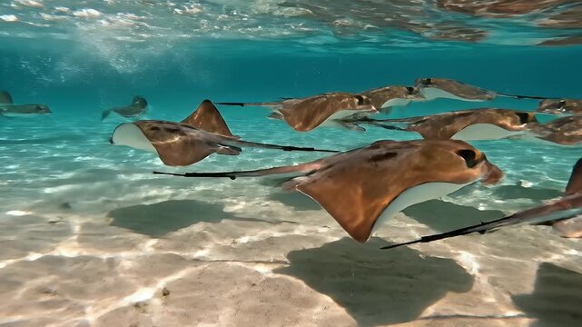 Underwater view of stingrays swimming in the clear blue ocean water.
