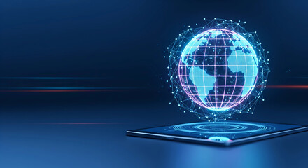 Futuristic glowing digital globe hologram emerging from a modern smartphone screen on a dark background