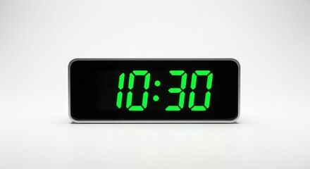 Digital illumination displaying ten thirty time in green on a minimal clock face