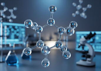 Abstract 3d rendering of a transparent molecular structure with scientific laboratory equipment in the background