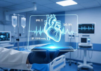 Doctor holding futuristic holographic display of human heart and vital signs in modern hospital operating room
