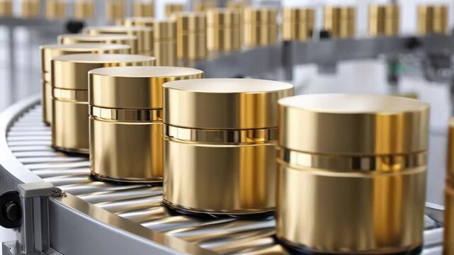 Luxurious golden cosmetic jars move along an automated roller conveyor belt in a modern factory setting.