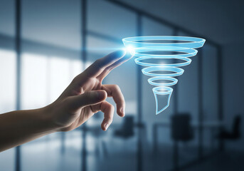 Close up of a human finger touching a glowing blue digital funnel hologram in a modern office environment
