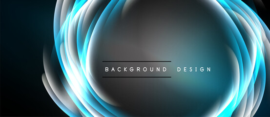 Abstract blue waves, glowing layers create modern design. Dark background emphasizes bright central element, text included.