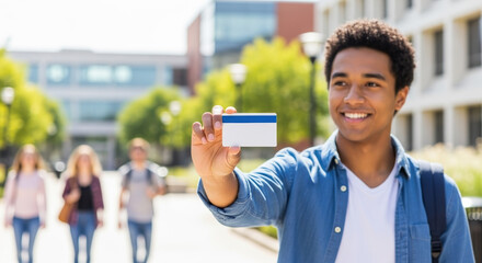 Student ID card in hand, young man smiles in front of campus buildings. This Student ID card shows he belongs at this institution. Student ID card can serve to create trust and a welcoming feeling.