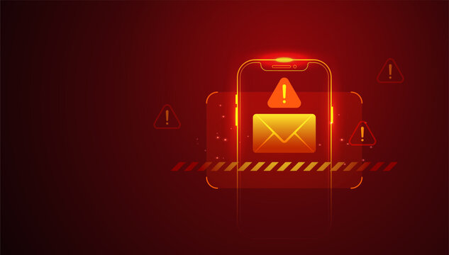 Cybersecurity Warning Spam SMS - Mobile Phishing Scam Message Alert on Smartphone Email Screen Vector Illustration