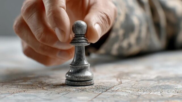 Close-up of a military operative's hand placing a chess pawn onto a detailed strategic map.