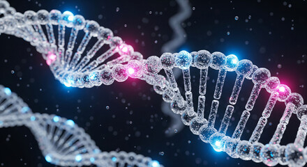 Close up of a glowing dna double helix structure with a dark background and subtle light effects