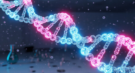 Glowing neon pink and blue dna double helix structure in a dark futuristic laboratory setting