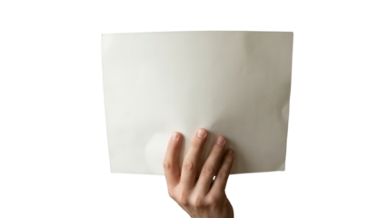 Hand holding blank white paper sheet isolated on white background