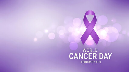 World Cancer Day Purple Awareness Ribbon Banner. Global Cancer Awareness, Support, and Health Campaign.
