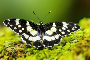 Naklejka premium Butterfly Resting on Moss Displaying its Wing Pattern and Natural Elegance