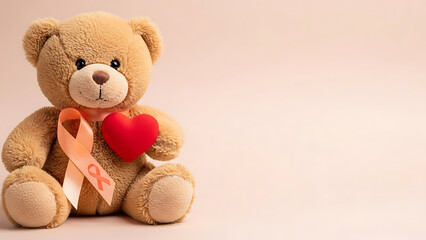 Cute Teddy Bear with Orange Awareness Ribbon and Red Heart - Symbol of Comfort, Support, and Hope