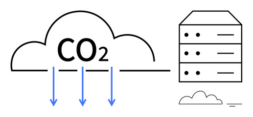 CO2 emissions. The visual connects CO2 emissions to data center impacts, environmental concerns. CO2 highlights the focus on sustainability and energy efficiency. For environmental awareness