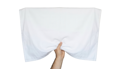 Hand holding blank white towel isolated on white background