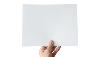 Hand holding blank white sheet of paper isolated on white background