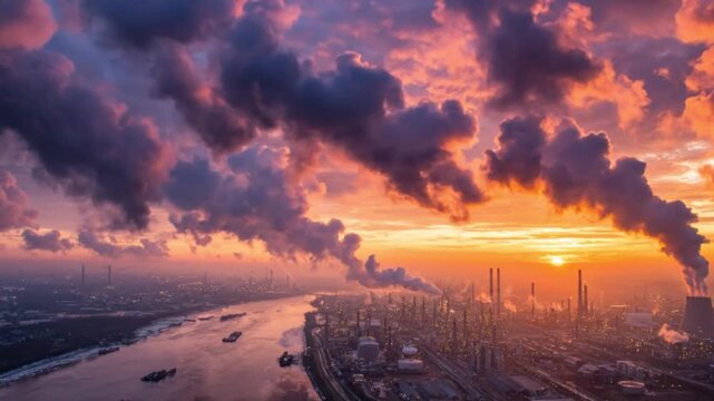 An expansive aerial view captures a sprawling industrial complex situated along a wide river at dawn or dusk. Numerous factory structures, tall chimneys, and storage tanks illuminate the landscape wit