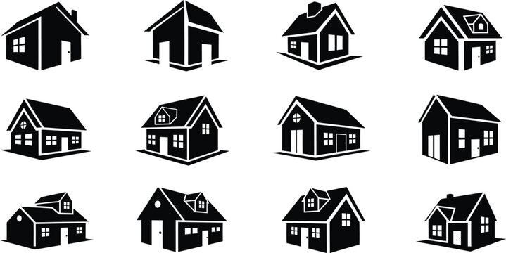 Black silhouette collection of various small house designs