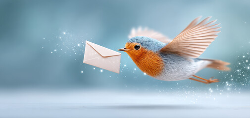 Cheerful small bird delivers tiny envelope across soft blue background creating whimsical funny background scene with sparkling motion and delicate feather detail