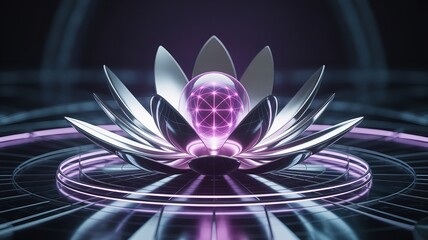Futuristic silver lotus flower with glowing purple geometric orb, spiritual meditation concept, serene dark blue background.