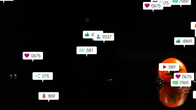 Bubbles rising from upper right moving left while tomato striking pool, making splash, showing buzz