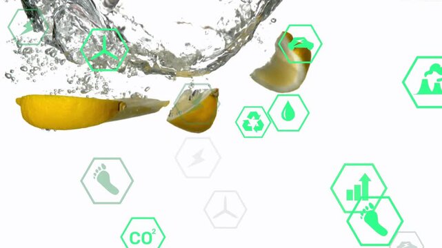 Top left lemon wedge entering causing splashing, settling while green hex icons showing eco info