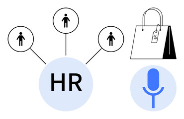 Workforce planning, retail analysis, technology, communication, hiring, data visualization. Human Resources linking icons, shopping bag with a discount tag microphone symbol. Workforce and retail