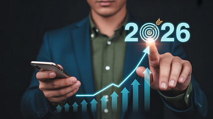 Businessman Planning for 2026 Goals with Smartphone and Chart