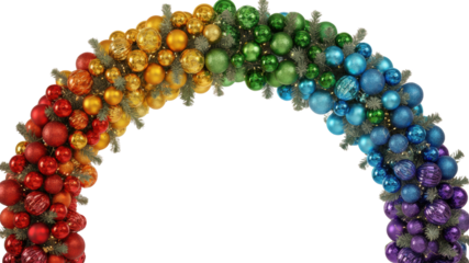 Rainbow arch made of colorful Christmas baubles on white background