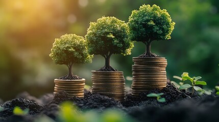Growing trees on increasing stacks of gold coins in nature money growth photo