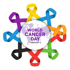 World Cancer Day, February 4. Global cancer awareness concept with colorful support ribbons forming a circle around a world map.