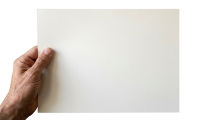 Hand holding blank white horizontal paper sheet isolated on white background
