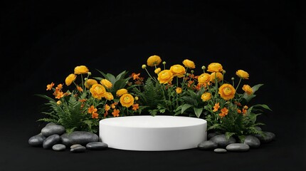 Floral Presentation: An elegant platform surrounded by an arrangement of lush greenery, vibrant blossoms and smooth stones, set against a dark backdrop.