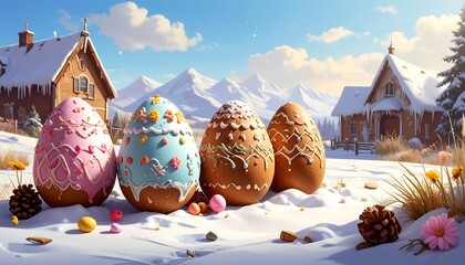 Four decorated eggs in a snowy landscape with charming cottages and mountain backdrop, depicting a festive celebration