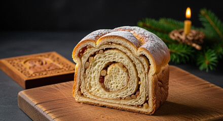 Festive Orthodox Christmas bread roll, decorated with powdered sugar for holiday celebration. Traditional Orthodox Christmas treat showcases cross section view,