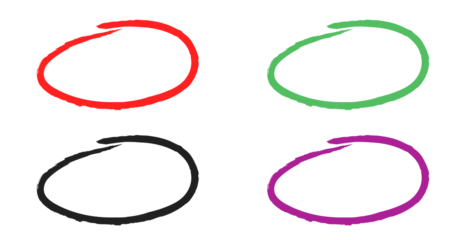 Four colorful hand-drawn circles, red, green, gray, purple, isolated on transparent background