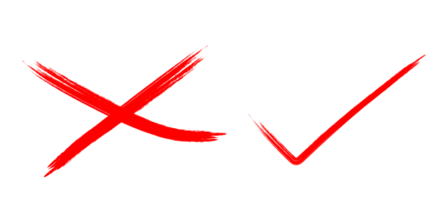 Hand Drawn Red Grunge Brush Stroke Tick and Cross, Approval, Rejection, Correction, Validation Icons, isolated on transparent background