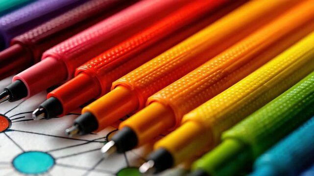 Close Up of Rainbow Colored Markers on Intricate Geometric Drawing on White Paper