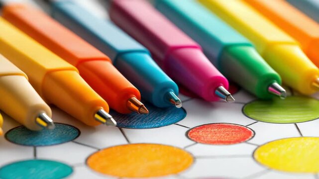 Colorful Pens Arranged on White Paper with Circular Diagram in Close Up Macro View with Flat Lighting