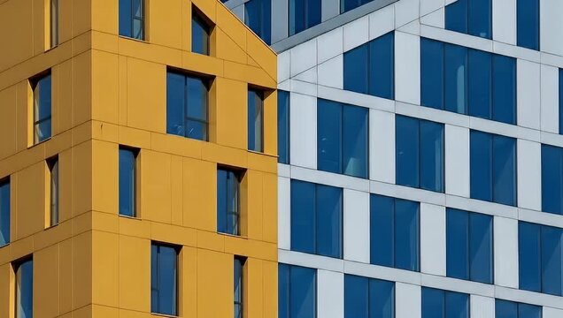 Modern architectural contrast featuring a vibrant yellow facade juxtaposed against a sleek white and blue glass curtain wall structure