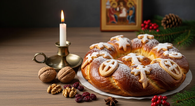 Orthodox Christmas bread wreath, a traditional sweet bread for Orthodox Christmas celebration, displayed on wooden table. Orthodox Christmas is celebrated by family and friends, - Powered by Adobe
