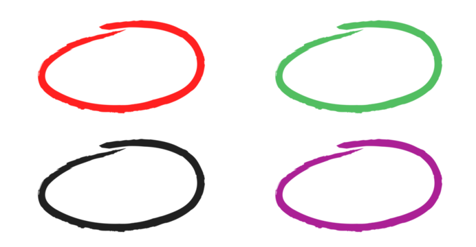 Four colorful hand-drawn circles, red, green, gray, purple, isolated on transparent background - Powered by Adobe