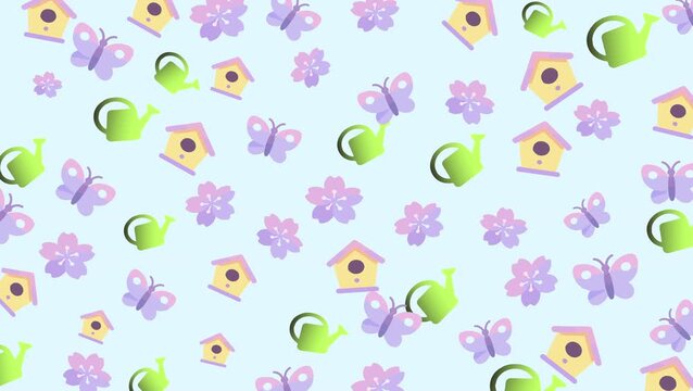 Seamless looping spring garden pattern animation with pastel watering cans, birdhouses, butterflies and flowers. Perfect for kids motion graphics, cheerful video backgrounds and seasonal designs.