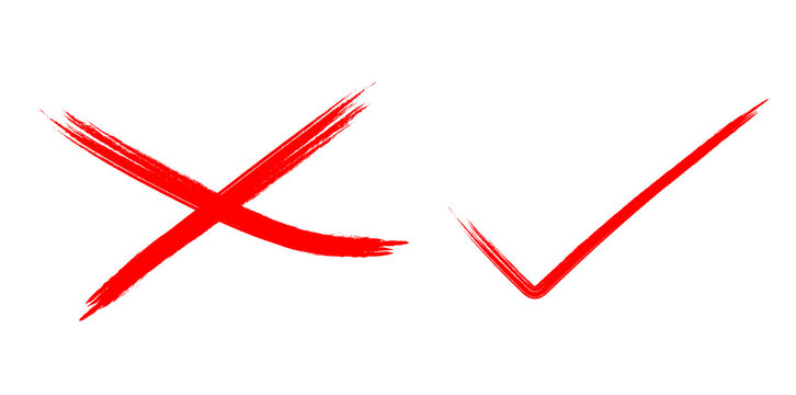 Hand Drawn Red Grunge Brush Stroke Tick and Cross, Approval, Rejection, Correction, Validation Icons, isolated on transparent background
